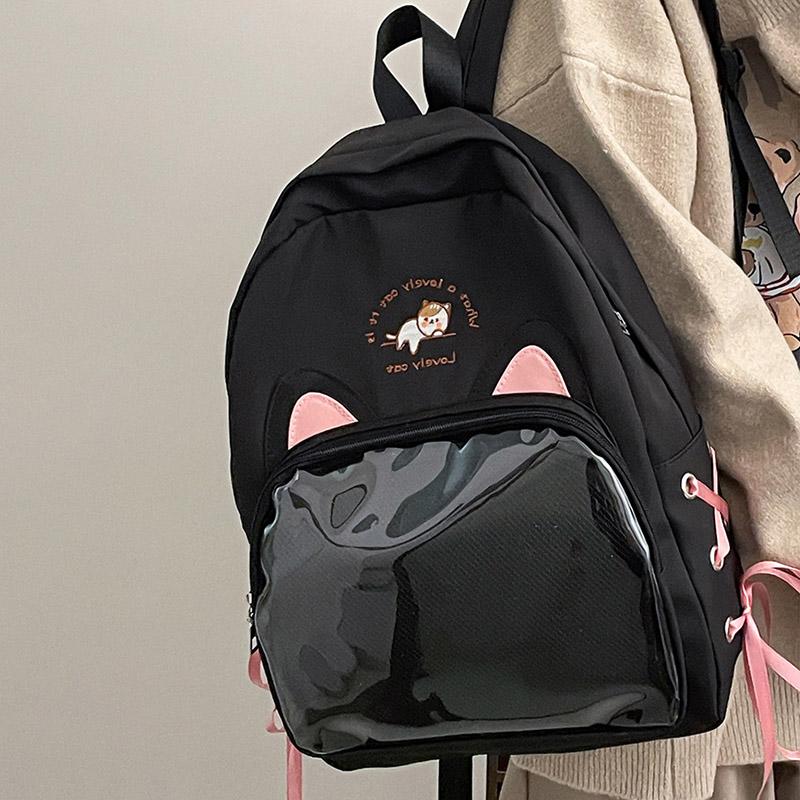 SCIONE New Transparent Schoolbag Large-capacity Contrast Ridge Protection Backpack Two-dimensional Cute Cartoon Cat Backpack