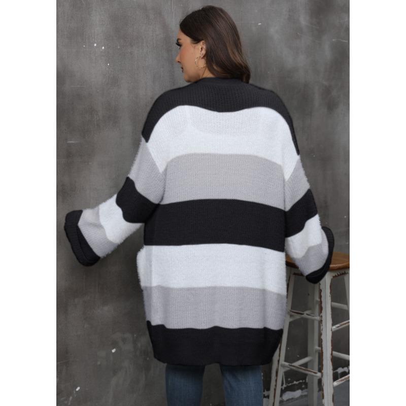 Женский свитер большого размера в полоску с двойным карманом и контрастными цветами, осенне-зимний