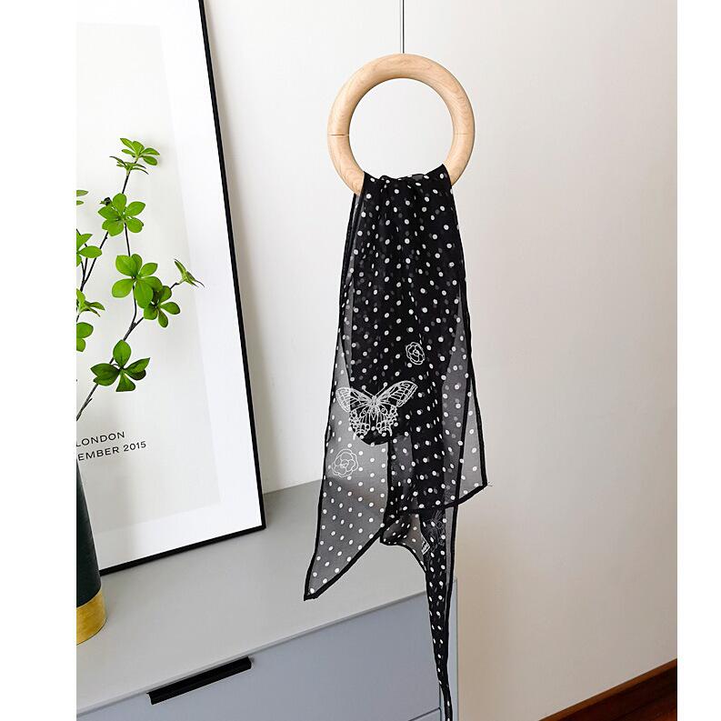French Retro Black Polka Dot Silk Georgette Narrow Scarf (160x30)