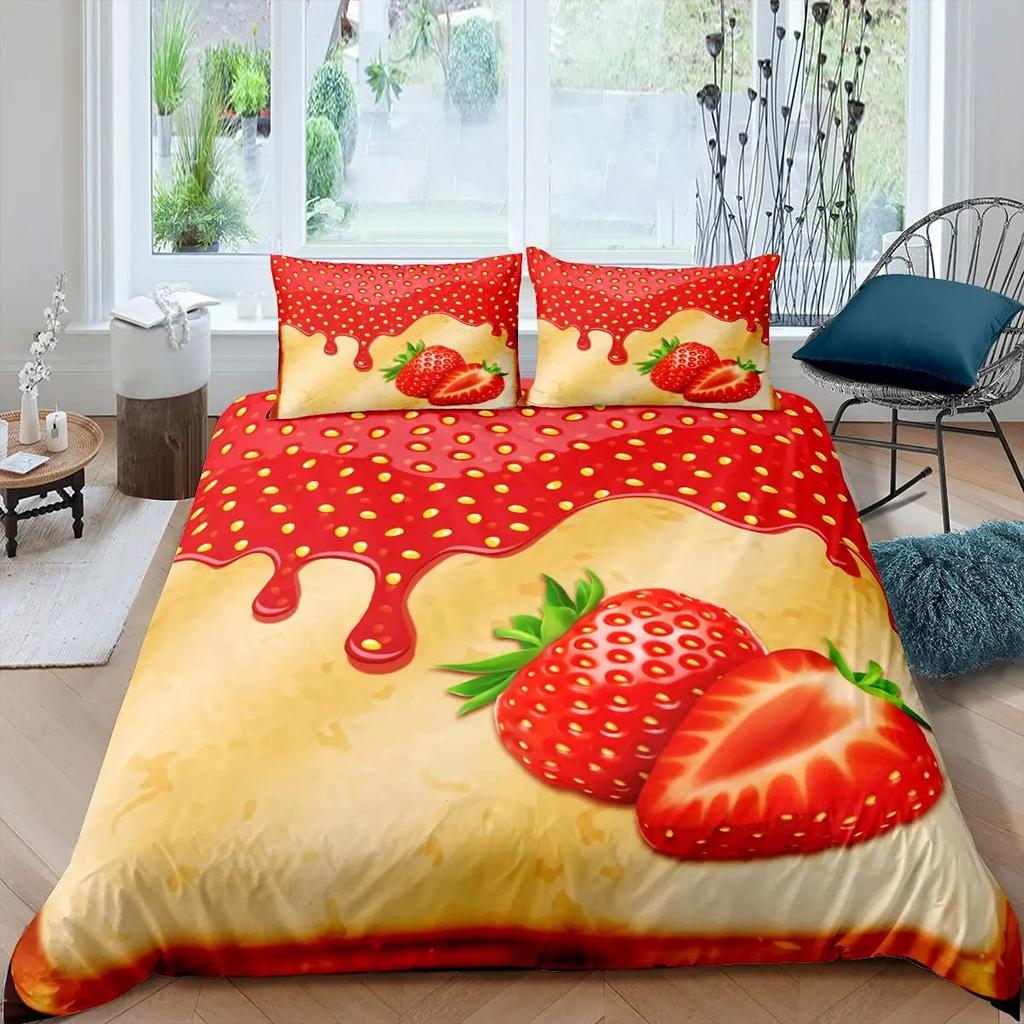 Strawberry Duvet Cover SetRed Strawberry Bedding Set For Girls Cute Black White Geometric Plaid Grid Comforter Cover Full Size