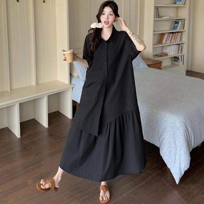 Женское однотонное платье большого размера 2025 Лето Винтажное платье Базовые пуговицы Длинное Повседневное Свободное Черное платье Макси