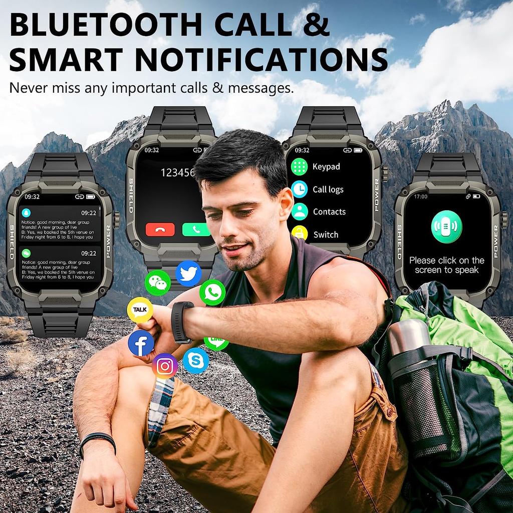 Smart Watch for Men Military Smart Watches IP68 Waterproof Smartwatch Bluetooth Call Outdoor Tactical Sports Rugged Fitness Tracker for iPhone Android