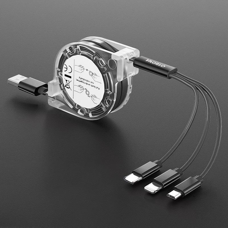 VAORLO 3 In 1 Charging Cable Retractable USB Charge For XiaoMi HuaWei Samsung 2.4A Fast Charging Portable Charging Cable Micro Type-C 8Pin