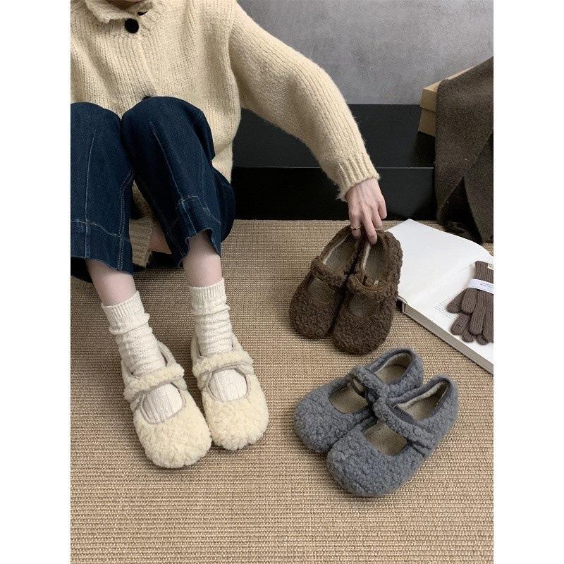 Wool Shoes Women Wear New Korean Fairy-style Fleece Warm Cotton Shoes and Flat-soled Mary Jane Doudou Shoes