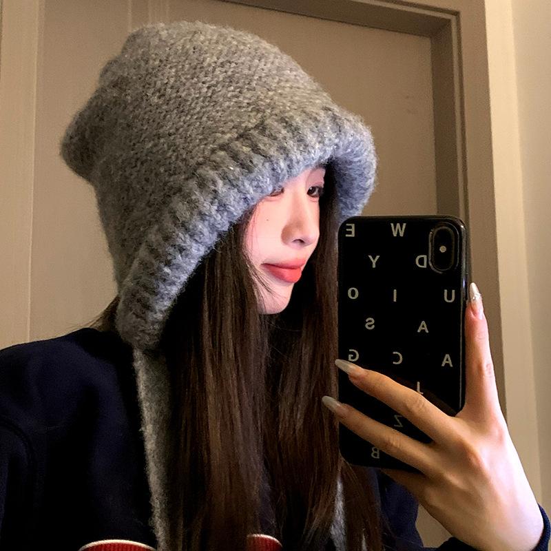 Wool Hat Women's Big Head Circumference Winter Cold Protection and Warm Ear Protection Knitted Cold Hat High-end Blue Pullover Bag Hat