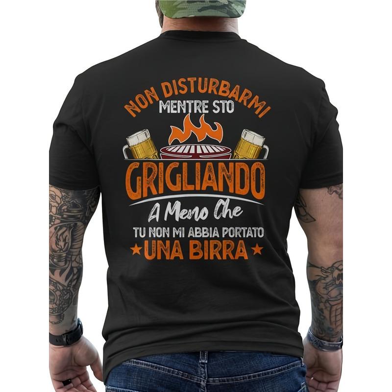 Funny Men's Italian Beer T-Shirt - Italian Phrase Print and Beer Mug Design on Back with Grill Theme - 100% Casual for BBQ Parties - Italian Phrase