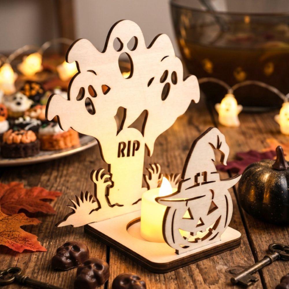 Wooden Material Shadow Projection Candle Holder Pumpkin Shape Halloween Candlestick Spooky Party