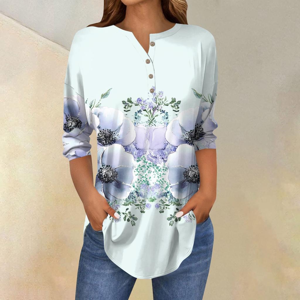 Женская свободная футболка с воротником на пуговицах и винтажным цветочным принтом, рукав три четверти