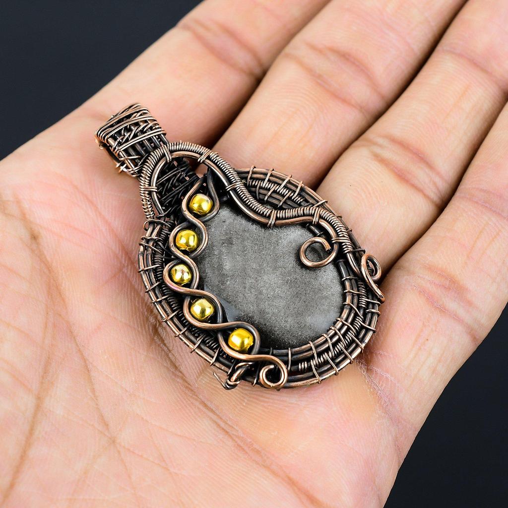 Серебряный блеск обсидиана драгоценный камень чистая медная проволока обернутая ювелирные изделия ручной работы кулон для подарка