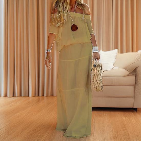 Повседневное платье с открытыми плечами, с короткими рукавами, эластичной талией, женское платье, однотонное