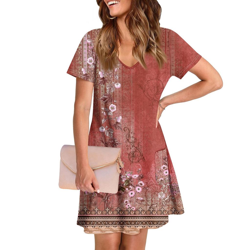 Ladies' Casual And Fashionable V-neck Short Sleeve Printing Mid Length Dress