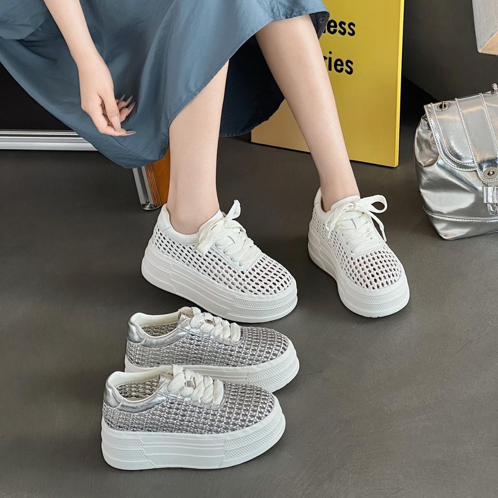 Thick-soled Hollowed-out Fashion Casual Shoes Women's Summer New Woven Mesh White Shoes Versatile Muffin Shoes