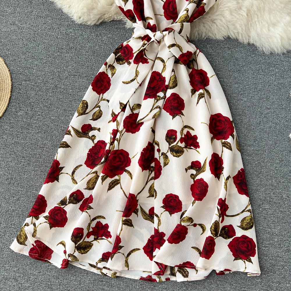 RUGOD Платье с принтом в стиле ретро, ​​лето 2022, новое тонкое платье средней длины с v-образным вырезом и завязкой на талии, летнее платье с v-образным вырезом и поясом