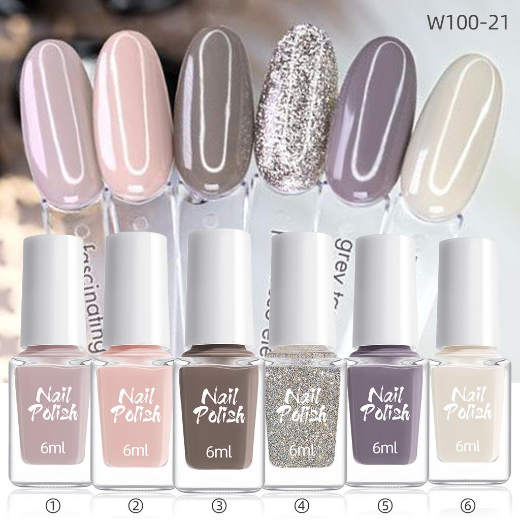 Water-Based Nail Polish Set 6 Colors Quick-Dry High-Gloss Shimmer Manicure Kit Seasonal Trendy Nail Art Decor