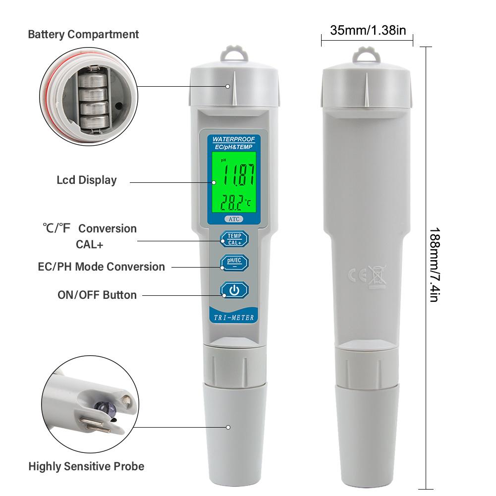 Водонепроницаемый цифровой pH EC TDS метр 3 в 1 тестер качества воды с дисплеем температуры для аквариума, бассейна, гидропоники