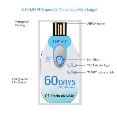 Одноразовый регистратор температуры Водонепроницаемый USB PDF Одноразовый регистратор данных температуры 60/90 дней Регистратор температуры холодовой цепи