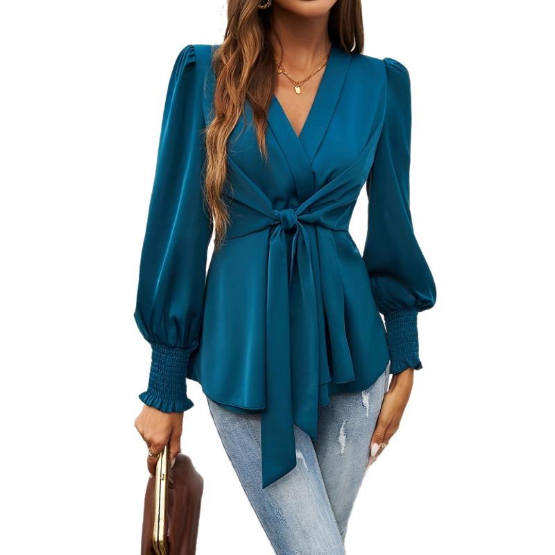 Elegant Deep V Neck Cross Strap Slim Fit Waist Shirt Long Sleeve Pleated Cuffs Office Fashion Blouse Retro Casual Bow Tie Lace-up Top Female Clothing