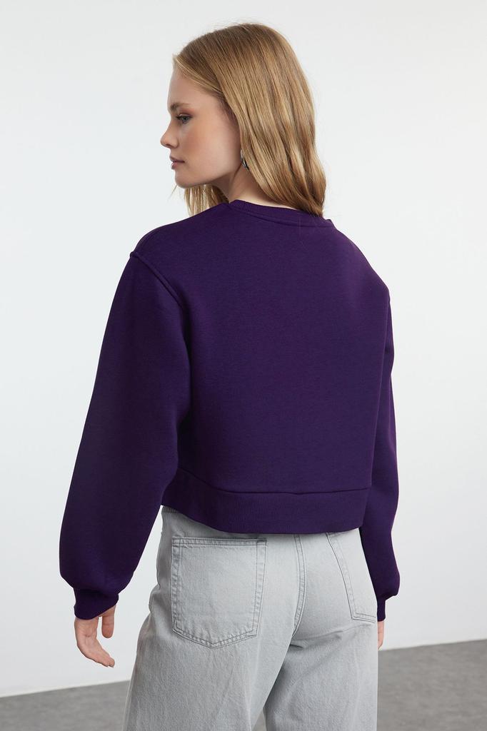 Women's Fashionable Stylish Sweatshirt Purple Thick Fleece Inside Relaxed Wide Fit Crop Basic Knitted Sweatshirt