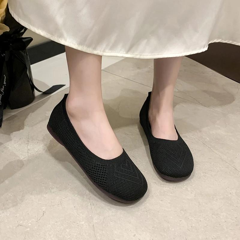 Women 2024 Spring and Summer New Soft Sole Square Head Shallow Mouth Breathable Pedal Knitted Shoes