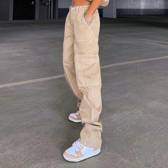 Женские брюки-карго с высокой талией, однотонные, свободные с несколькими карманами, полная длина, мягкие дышащие повседневные уличные женские брюки