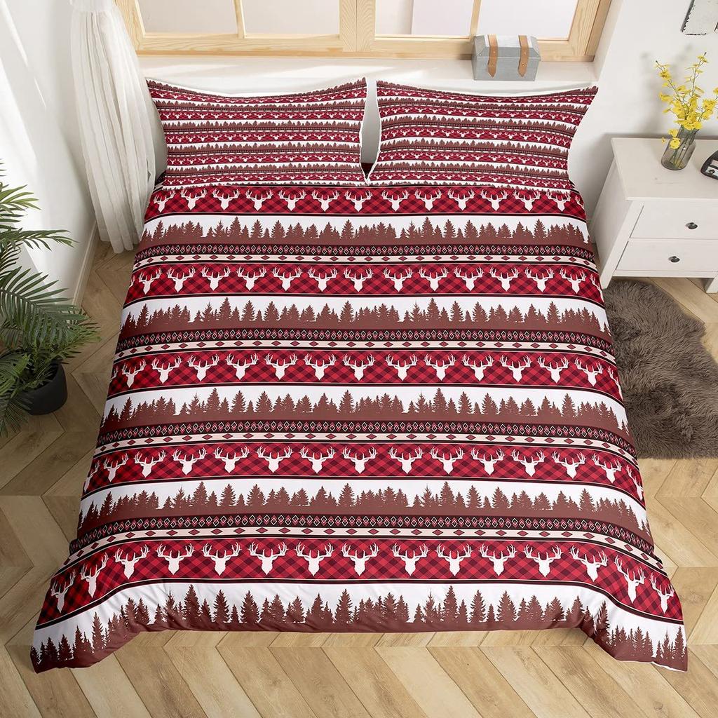 Geometric Grid Christmas Tree Three-Piece Digital Printed Bedding Set Bed Cover