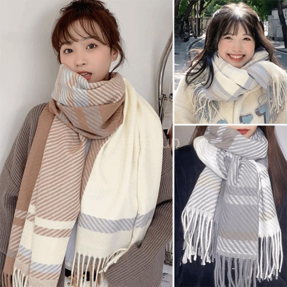 Elegant Women's Cashmere Scarf Thickened Winter Neck Warmer Soft Checkered Scarf  Daily