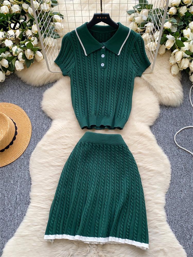 Модные трикотажные костюмы из двух предметов, обтягивающие рубашки поло с короткими рукавами и короткая юбка, женские простые летние комплекты