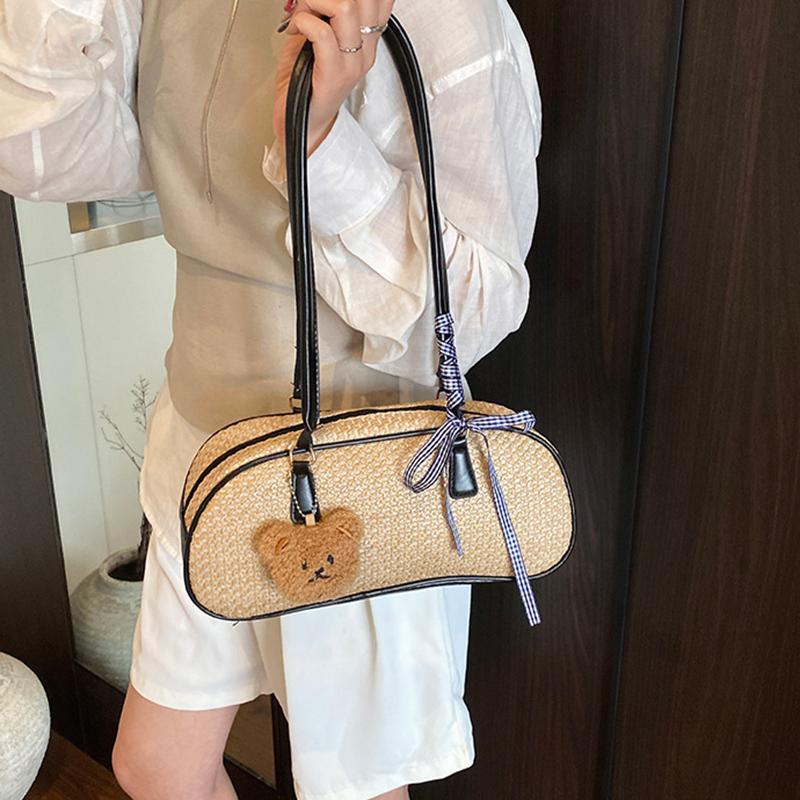 Yogodlns Весенняя новая простая летняя пляжная сумка через плечо с бантом для поездок на работу и отдыха, универсальная плетеная соломенная сумка подмышкой для женщин