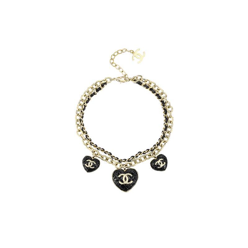 Chanel Модное ожерелье Double C Love из металла и кожи ягненка, женское, черное