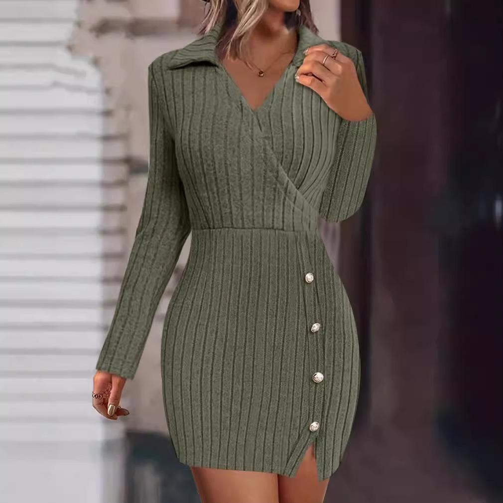 YYFS Women's Fashion Fall Winter Solid Color Print Long Sleeve POLO-Neck Casual Dresses