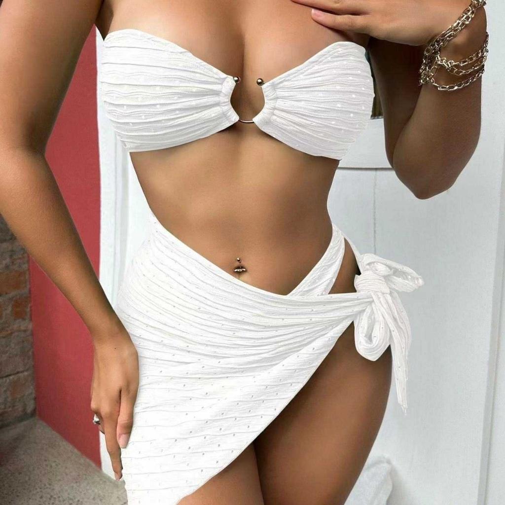 Solid Three-piece Bikinis Set Push Up Swimsuit Woman Ribbed Bathing Suits Sexy Low Waist High Cut Swimwear Women Bikini
