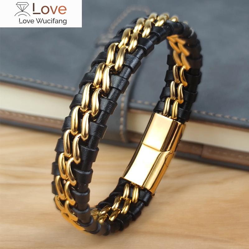 Genuine Leather Chain Bracelet For Men Magnetic Stainless Steel Clasp In Black Silver Gold Exclusive Jewellery Great Gift Idea