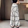 Summer Women Print Chain Cotton And Linen Thin High Waist Wide Leg Pant Trouser With Pocket For Girl