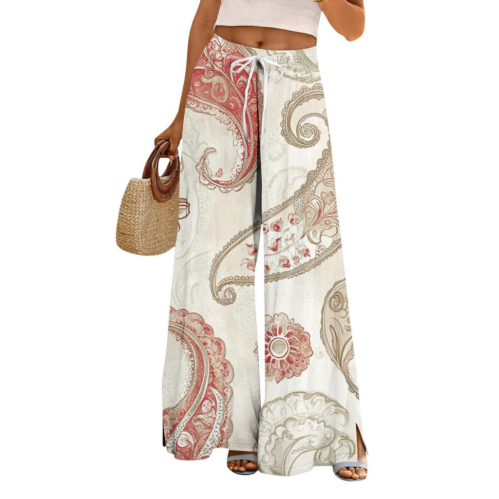 Женские брюки с принтом и широкими штанинами, с карманами, с высокой талией, на кулиске, свободные, повседневные