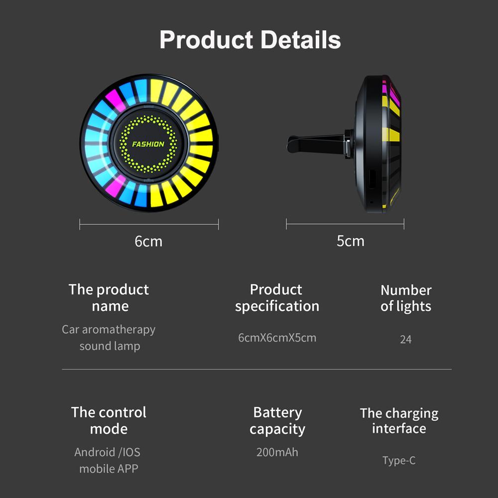 Автомобильная музыкальная ритм-лампа Освежитель воздуха RGB Светодиодная лента Управление звуком Голосовой ритм Атмосфера Свет Аромат 256 цветов Опция Управление приложением 10 режимов