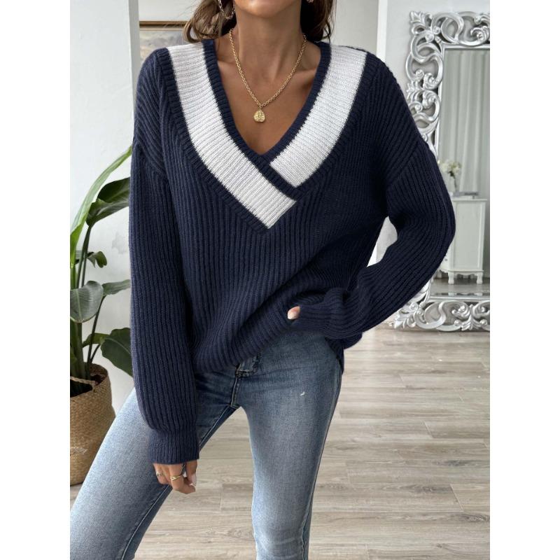 Women S V Neck Loose Fit Pullover Sweater Autumn Street Style