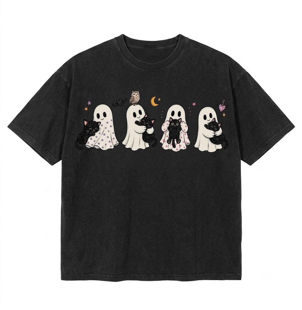 Ghost Cat Graphic Halloween Black T Shirt Gift For Friends
