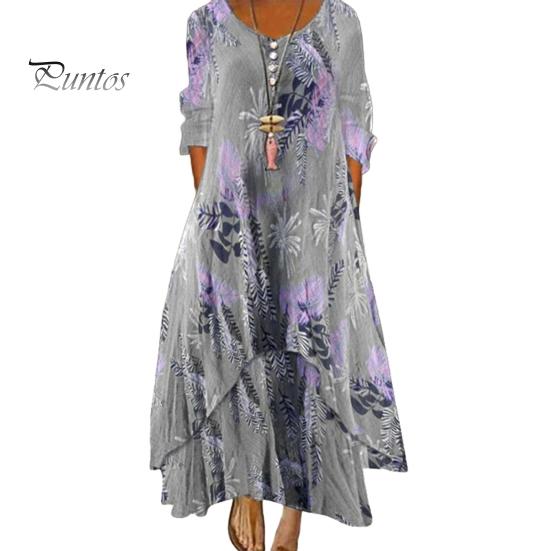 Платье весна-осень с карманами, винтажным цветочным принтом, V-образным вырезом, неровным многослойным подолом, свободное платье макси А-силуэта для повседневной работы и вечеринки