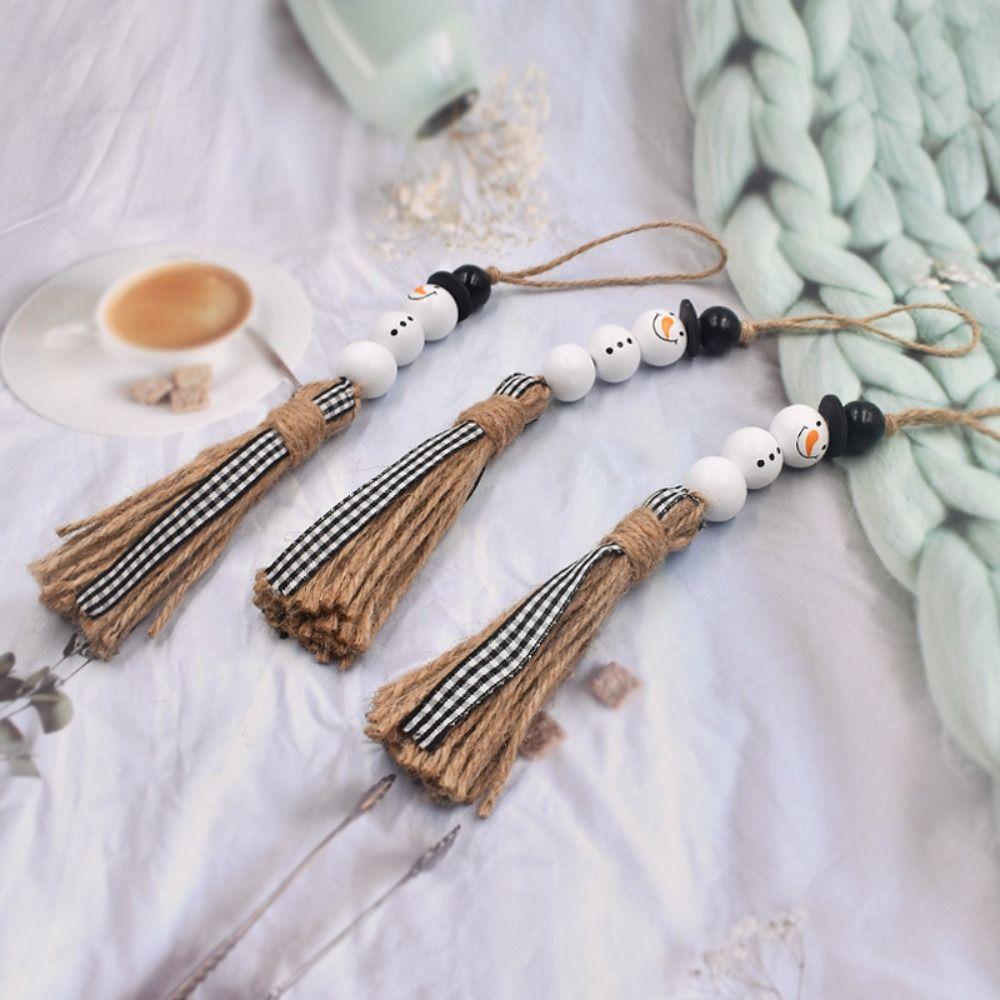 White Hanging Bead Tassel Wood Xmas Tree Pendant Ornaments Christmas Snowman Wooden Bead DIY
