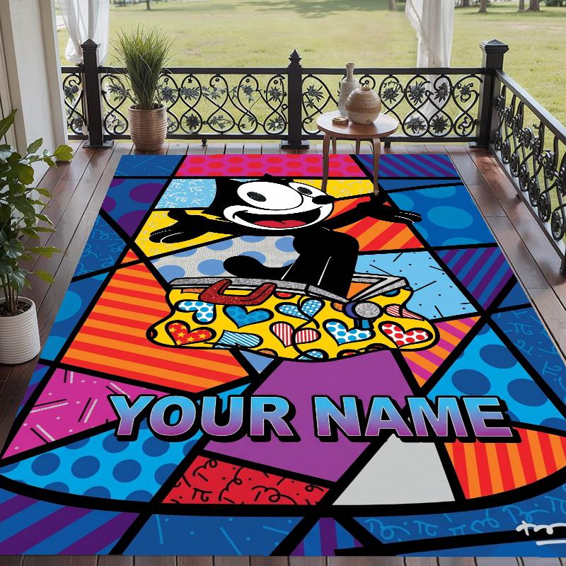 Custom Name Felix the Cat Crystal Velvet Floor Rug Personalized Text Soft Carpet Home Decor