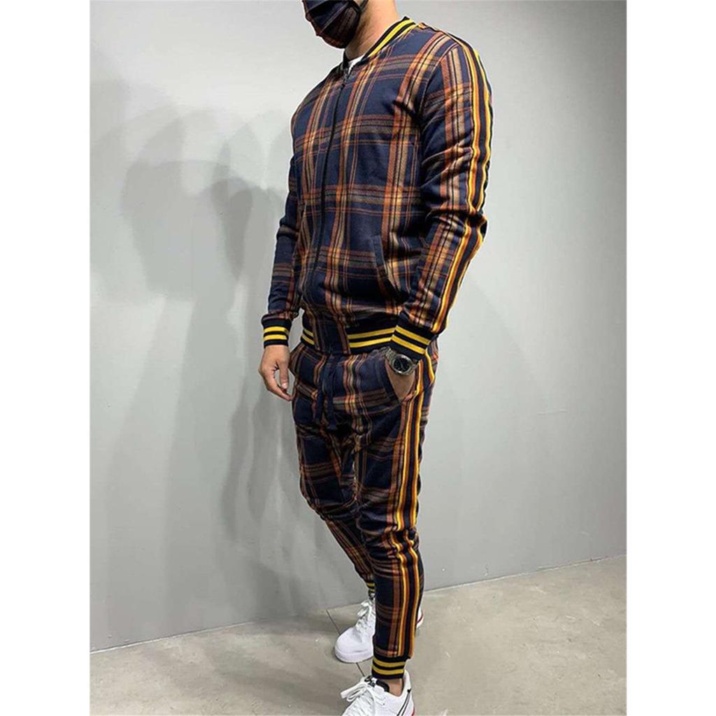 Zipper Set Colorful Plaid Men Casual Autumn Tracksuit Set Male Sweatshirt Pocket Fashion Jackets Men Tracksuit Sets Mens Set