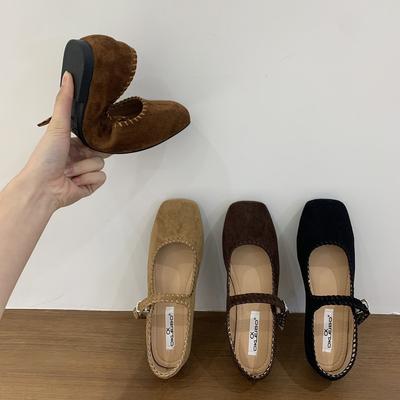 Французские замшевые балетки женские 2025 весна и осень новые ретро квадратный носок повседневные плоские туфли Мэри Джейн