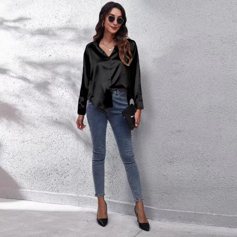 Женская простая блузка, весенний новый кардиган с V-образным вырезом, свободная рубашка с длинным рукавом и пуговицами