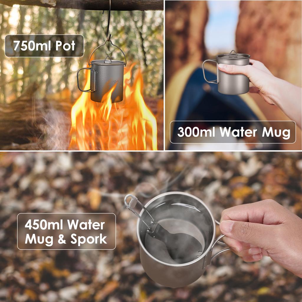 Lightweight Ti 5 Pieces Set Ti 750ml Pot 450ml and 350ml Water Cup with Lid Collapsible Handle