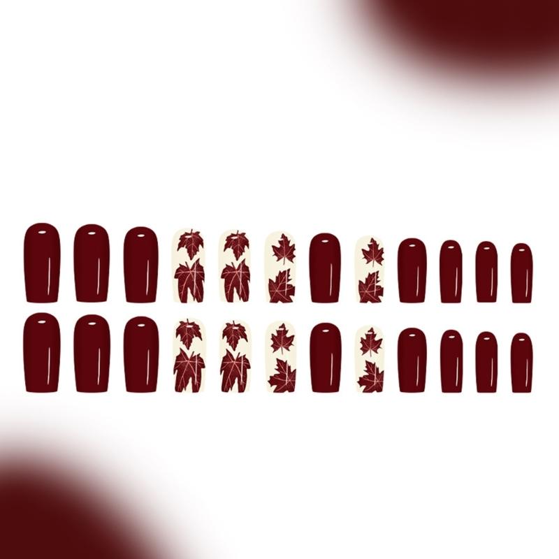 Autumn Winter Press On Nail Set of 24 Glossy Maple Leaf Design Easy Application Comfort Fit