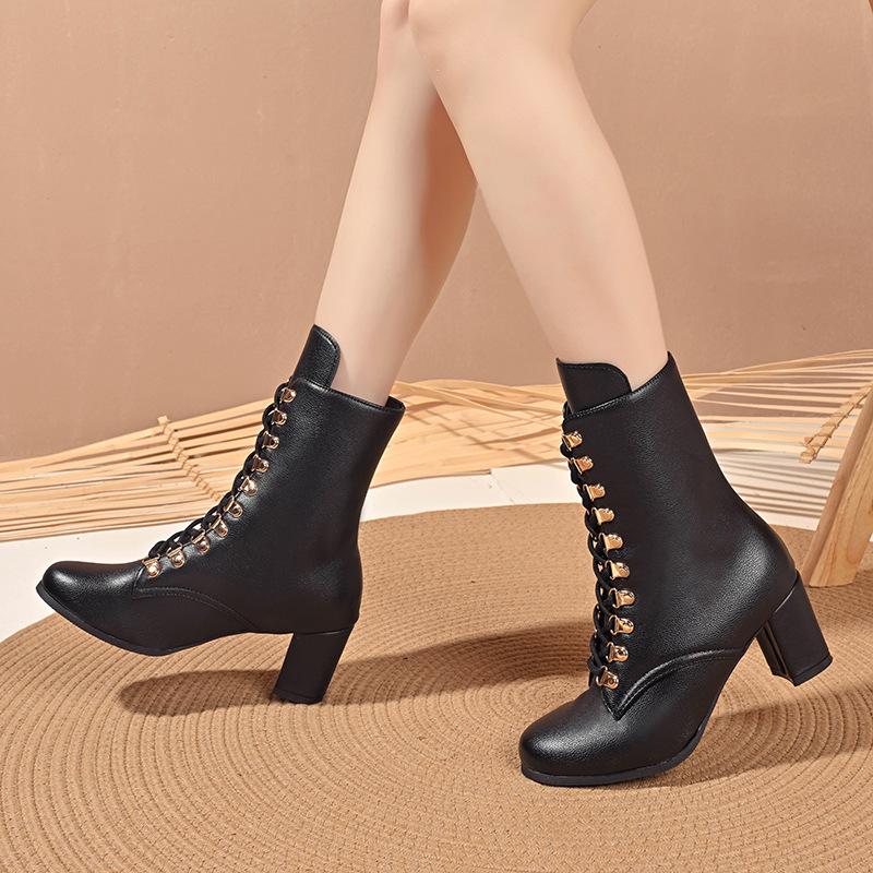 Spring Autumn Ankle Boots for Women Comfortable Platform Botas Women High Heels Lace Up Solid Color Short Knight Boots Big Size