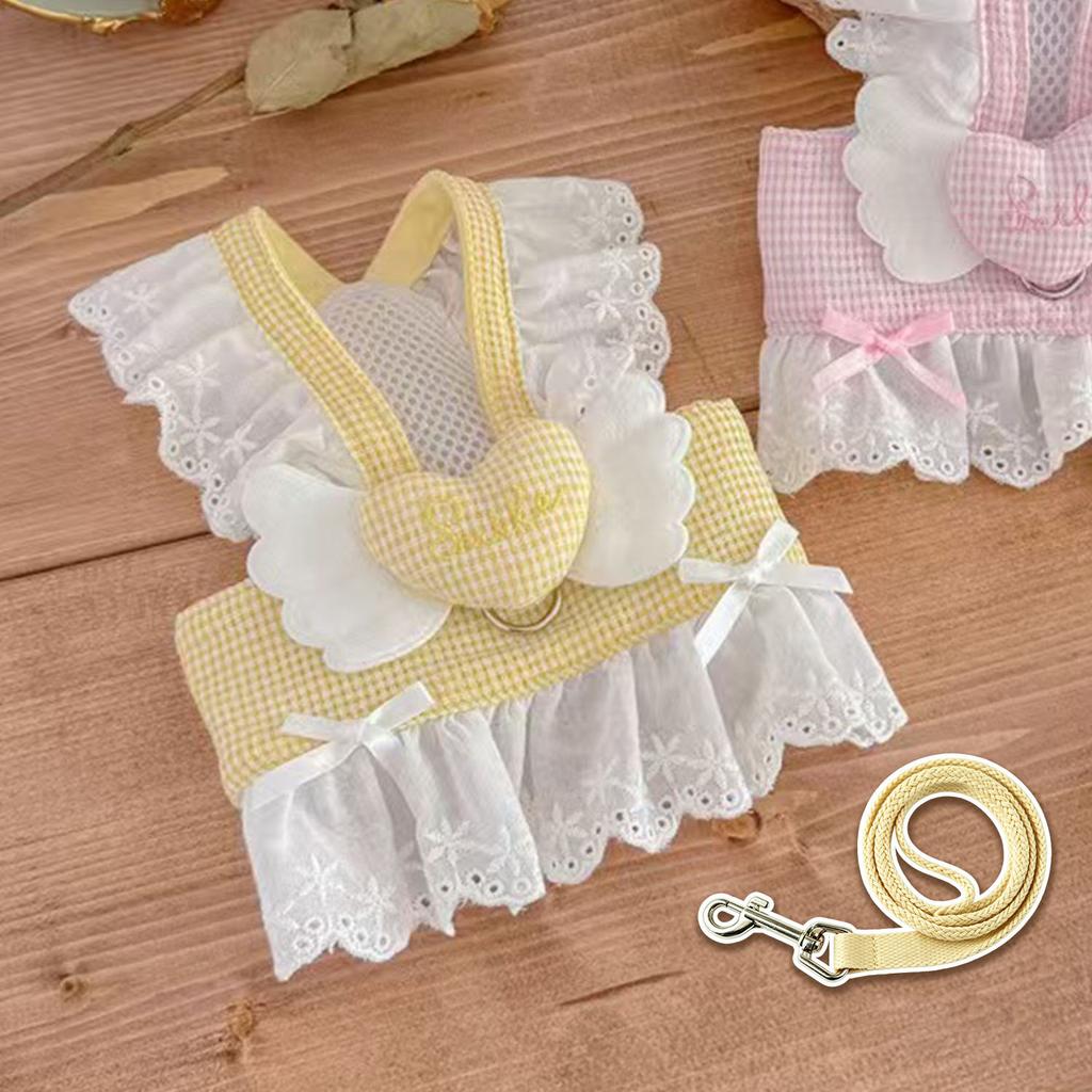Cute Lace Ruffle Plaid Dog Harnesses Vest 3D Angel Heart Mesh Pet Chest Strap For Small Medium Dog Cat Outdoor Walking Apparel