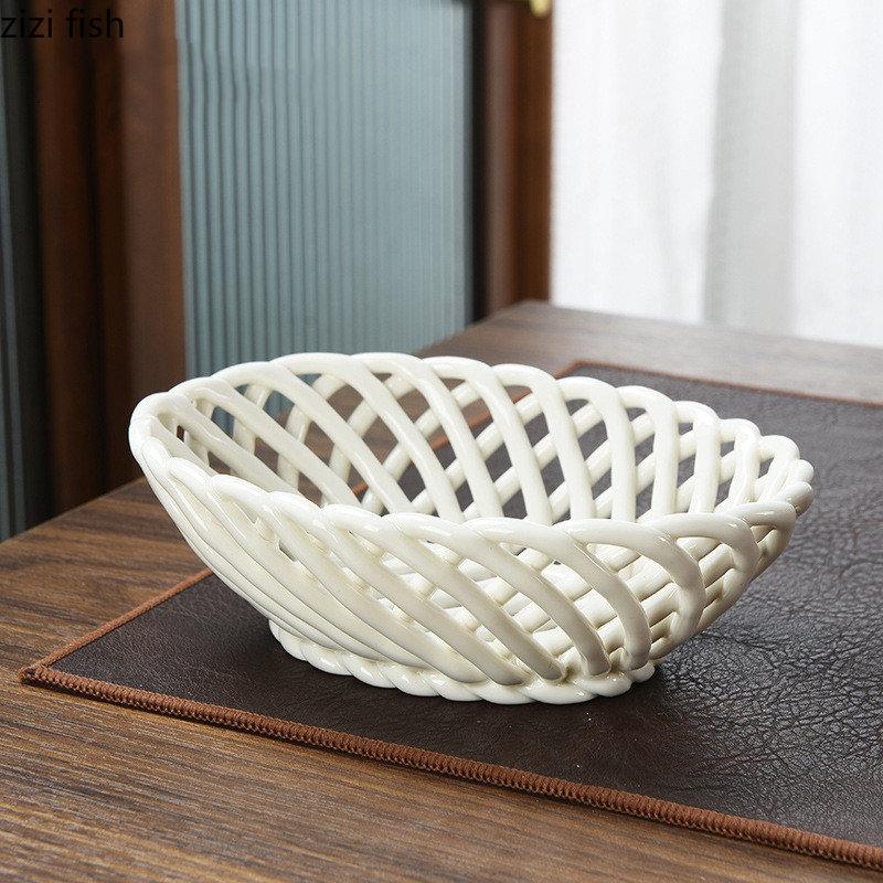 Керамическая тарелка для фруктов, плетеная вручную, блюдо для димсамов, конфетница, тарелки для закусок, полая корзина для фруктов, десертные тарелки, форма для торта, поднос для фруктов