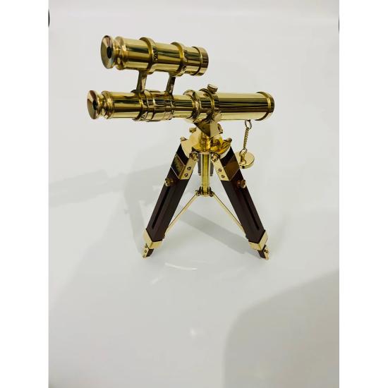 Nautical Brass Double Barrel Telescope With Wooden Tripod Stand - Vintage Navy Ship Telescope - Marine Spy Glass Telescope
