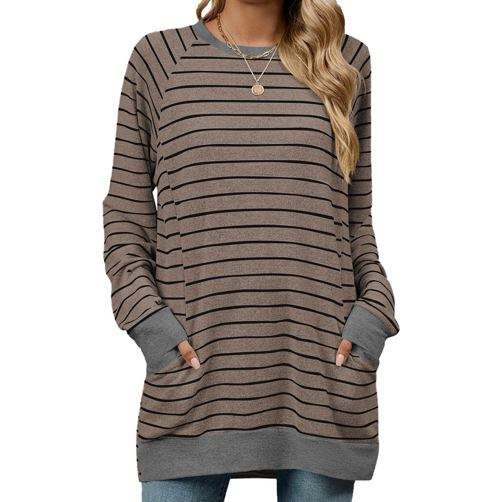 2024 Autumn And Winter New Striped Contrasting Round Neck Long Sleeved Pocket Hoodie T-Shirt For Women